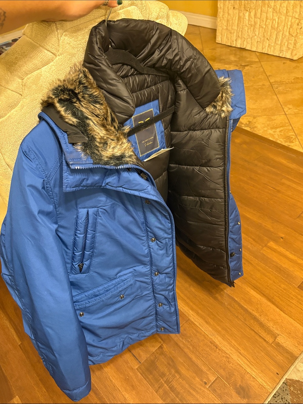 INC International Concepts Blue Men's Puffer Coat with Faux Fur Trim